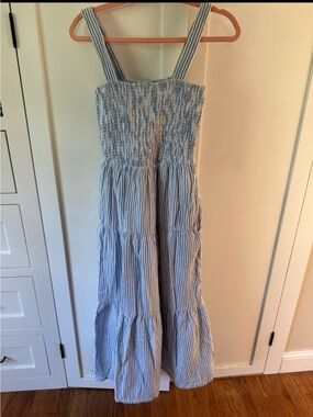 Quince Blue and White Striped Smocked Maxi Dress